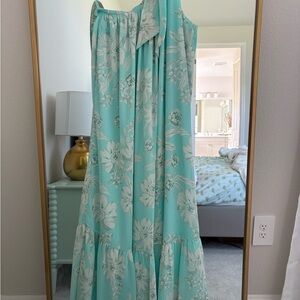 LOFT Turquoise and White Floral Maxi one shoulder Dress